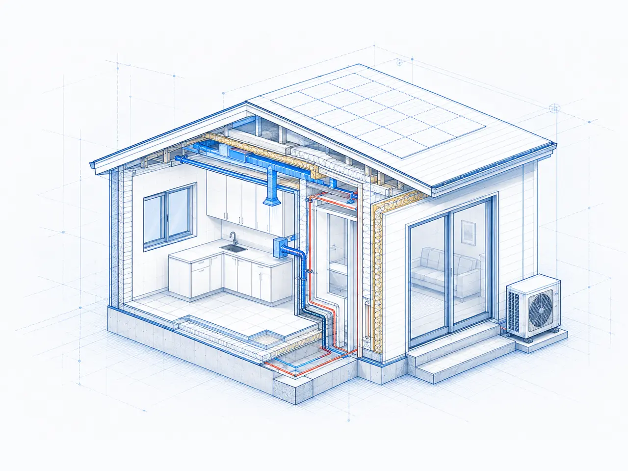 Technical blueprint illustration of an energy-efficient California residence